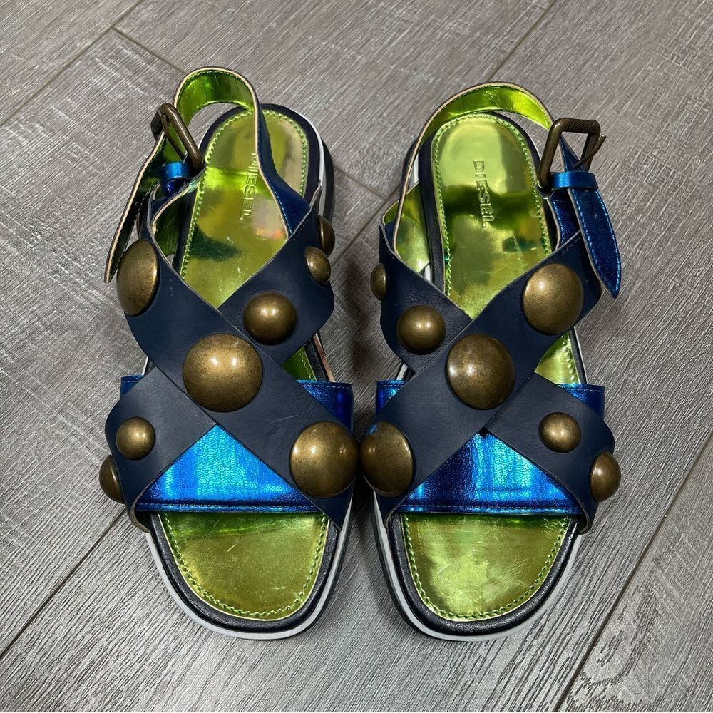 DIESEL Sandals Criss cross Chunky Studs Size 37 US7 Navy - Picture 15 of 15